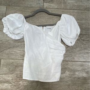 REFORMATION Framboise white wrap puff sleeve off the shoulder blouse